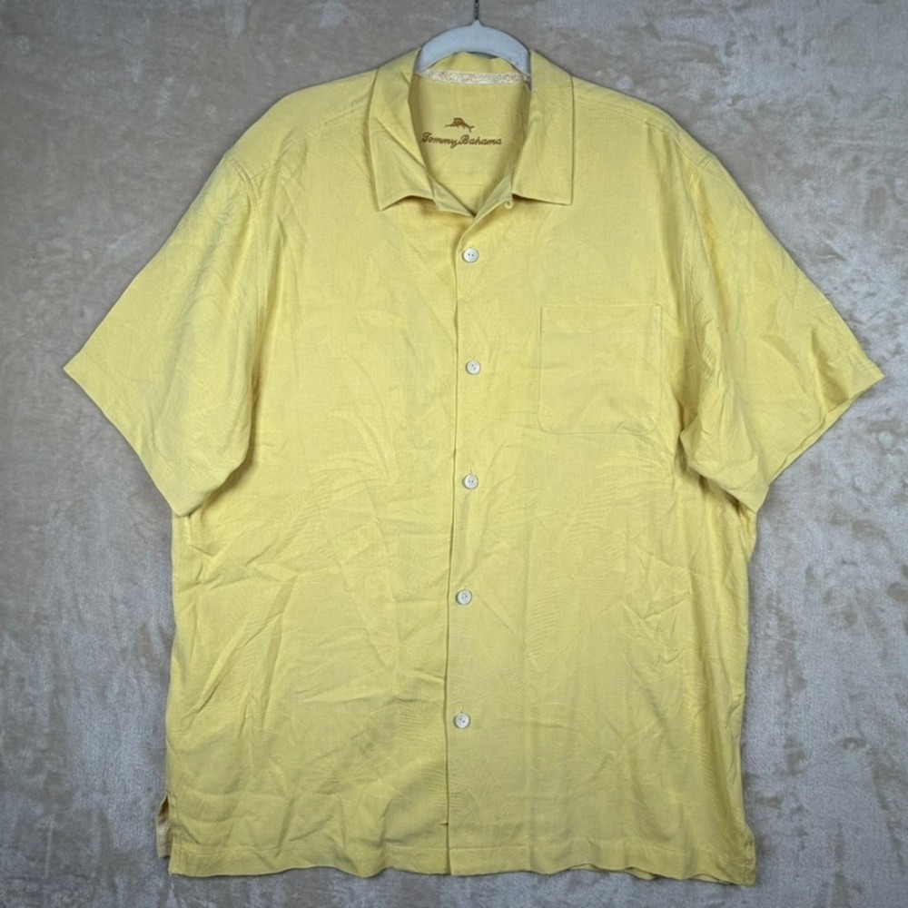 Tommy Bahama Mens Large Yellow 100% Silk Tropical Floral Jacquard Camp Shirt